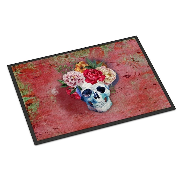 Jensendistributionservices Day of the Dead Red Flowers Skull Indoor or Outdoor Mat, 18 x 27 in. MI2550375 - main